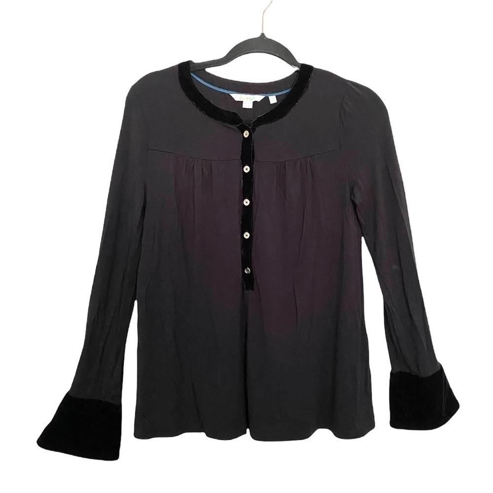 Boden 4 Nadien Black Velvet Trim Long Sleeve Top Gold Button Detail